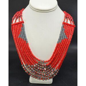 Vintage Multilayer Red & Gray Beaded Statement Necklace HS201